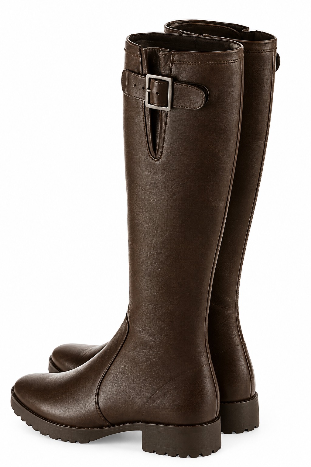 Women's dark brown custom-made buckle knee-high boots with round toe and chunky rubber lug sole- Top view